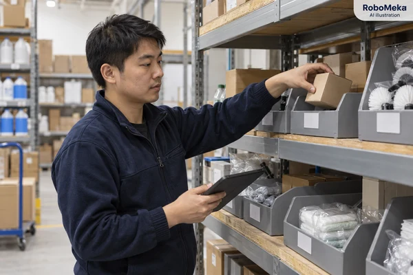 AI illustration of an Asian warehouse worker picking a boxed vacuum accessory