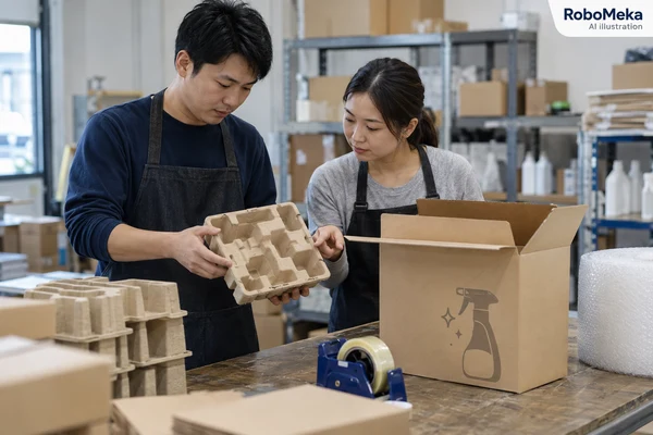 AI illustration of Asian staff reviewing a cleaning-product carton and inserts