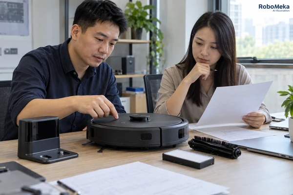 AI illustration of procurement staff reviewing a robot vacuum and its accessories