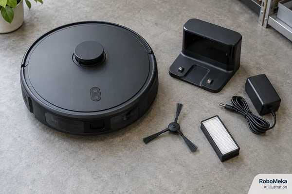 AI illustration of an unbranded robot vacuum bundle with dock, filter, brush and power adapter