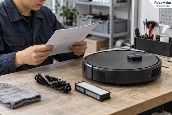 AI illustration of a powered-off robot vacuum and removable brush and filter on a review bench