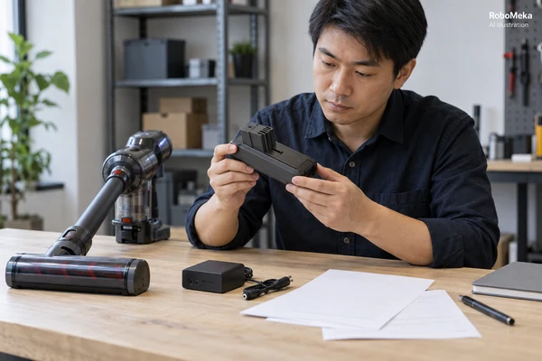 Asian adult reviewer comparing an intact battery and charger with blank identification sheets