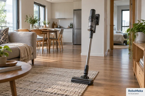 Illustrative cordless vacuum in a room with hard flooring and a small rug