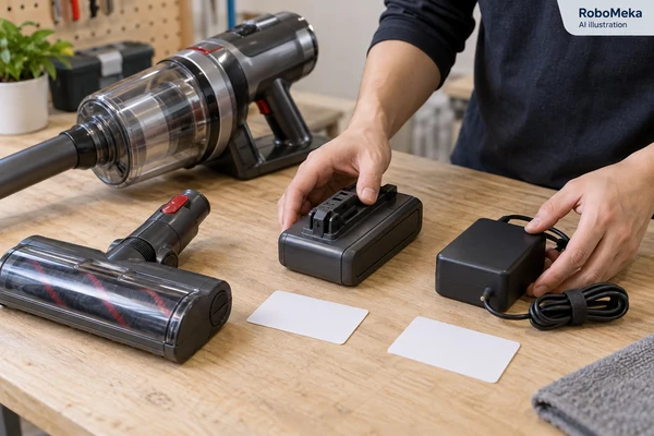 Illustrative vacuum battery, approved-style charger and floor head arranged for configuration review