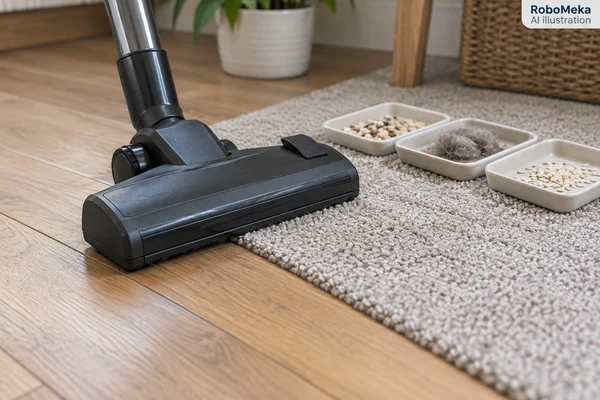 Illustrative vacuum floor head next to clearly separated hard-floor and carpet specimens