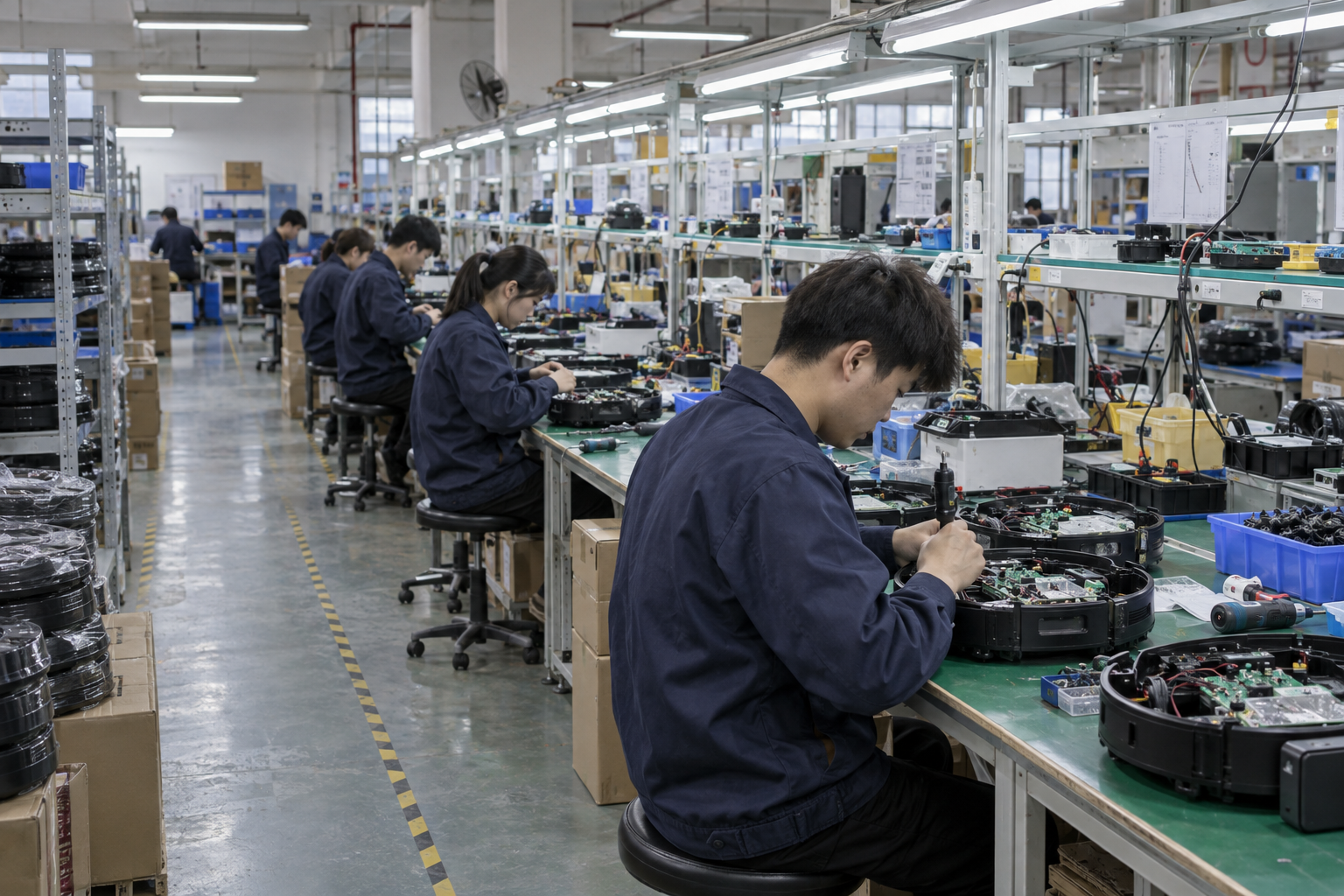 AI illustration of Asian technicians assembling robot vacuums at factory workbenches