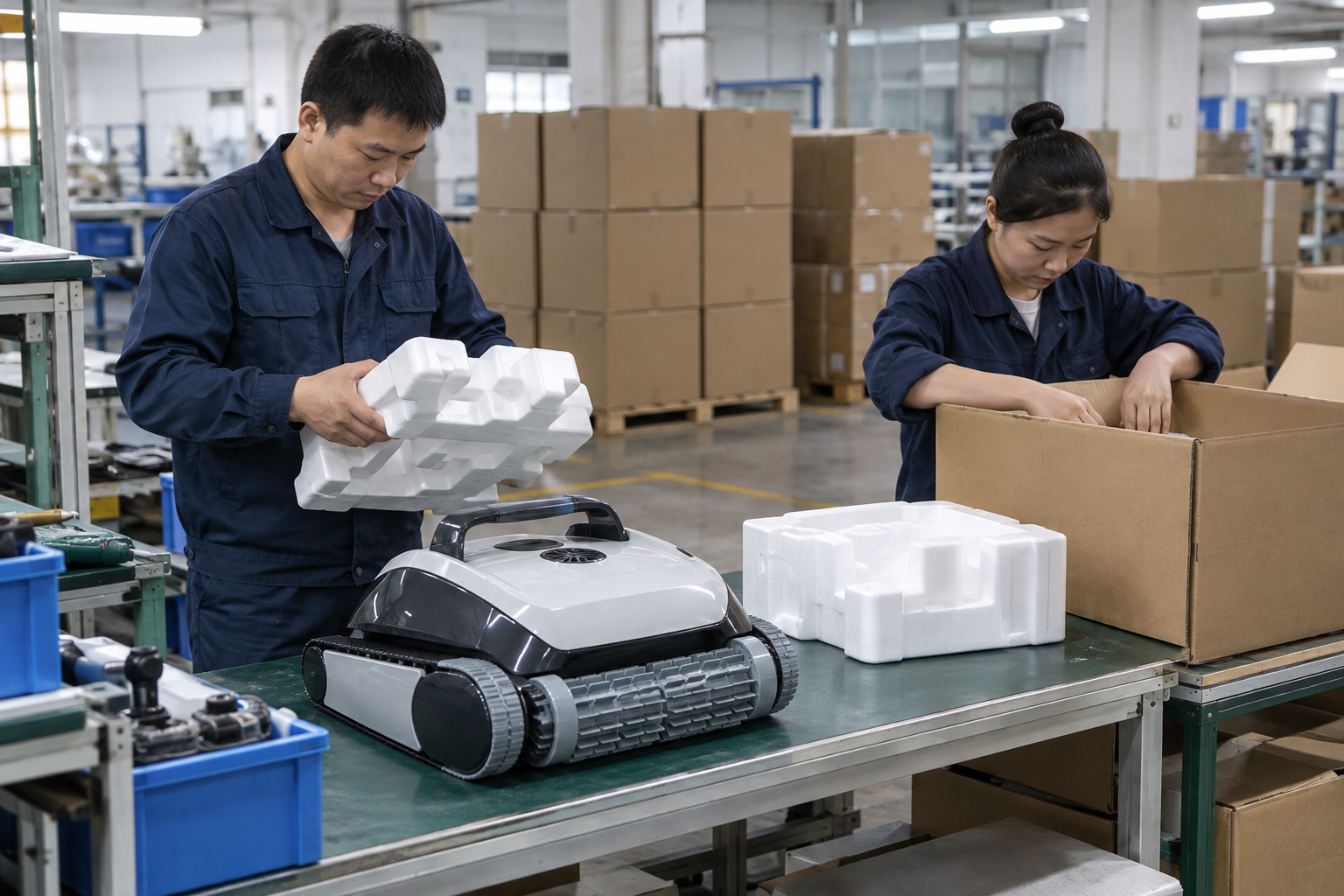 AI illustration of Asian workers preparing a pool robot and protective packaging
