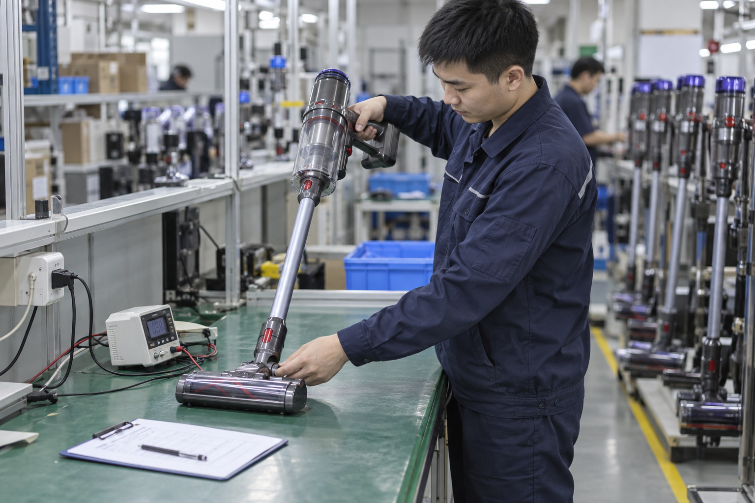 AI illustration of an Asian technician inspecting a stick vacuum on a test bench