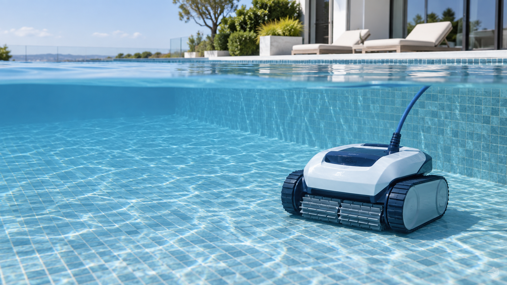 Robotic pool cleaner operating on a tiled pool floor