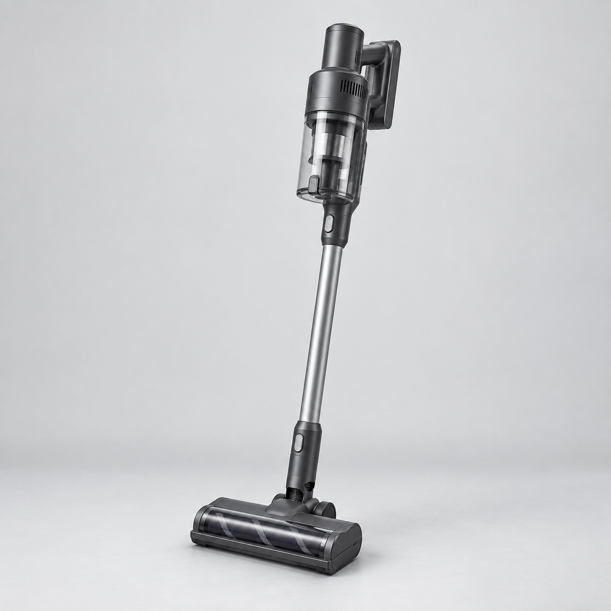 Graphite cordless stick vacuum with a silver tube and wide floor head
