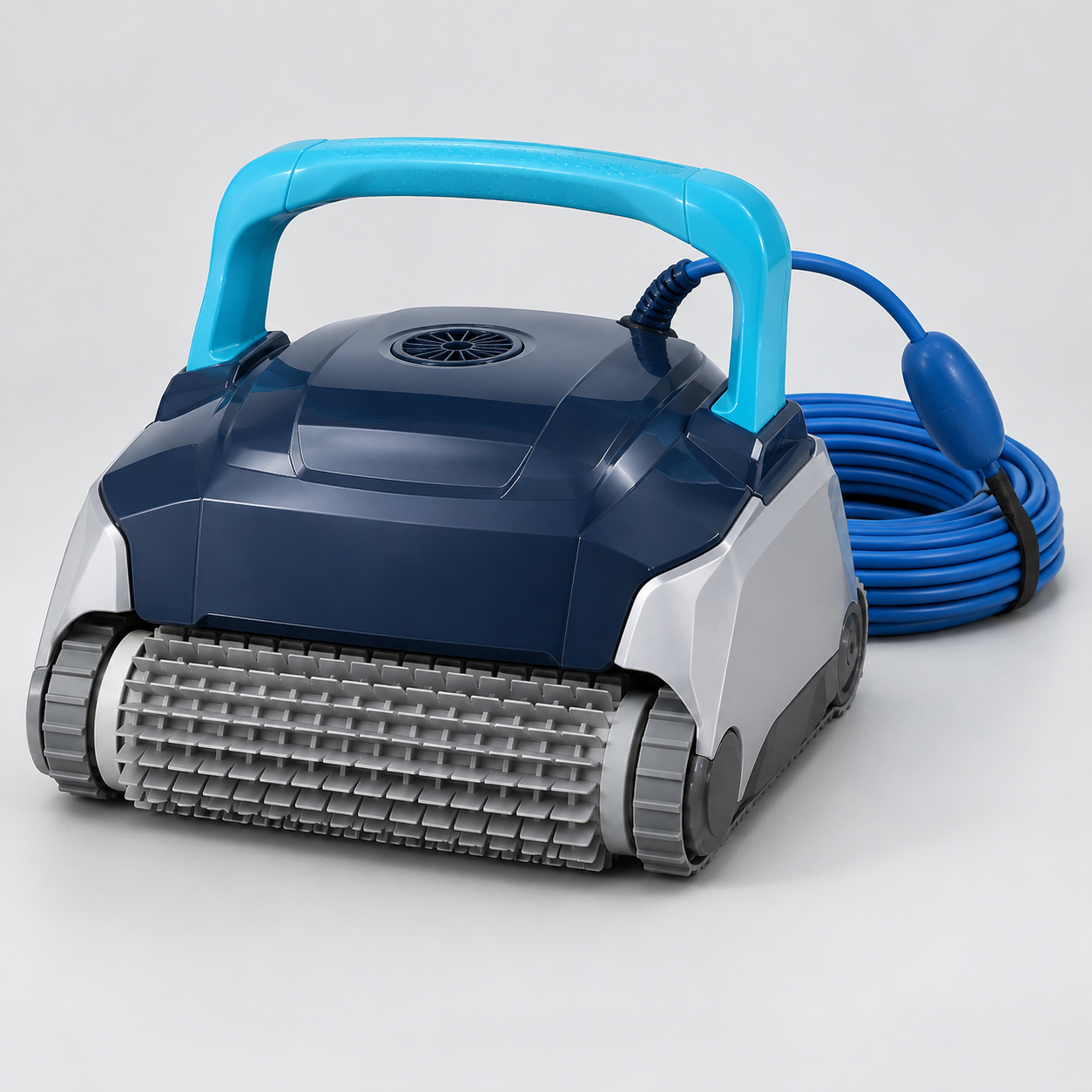 Navy and silver pool robot with a cleaning roller and blue floating cable