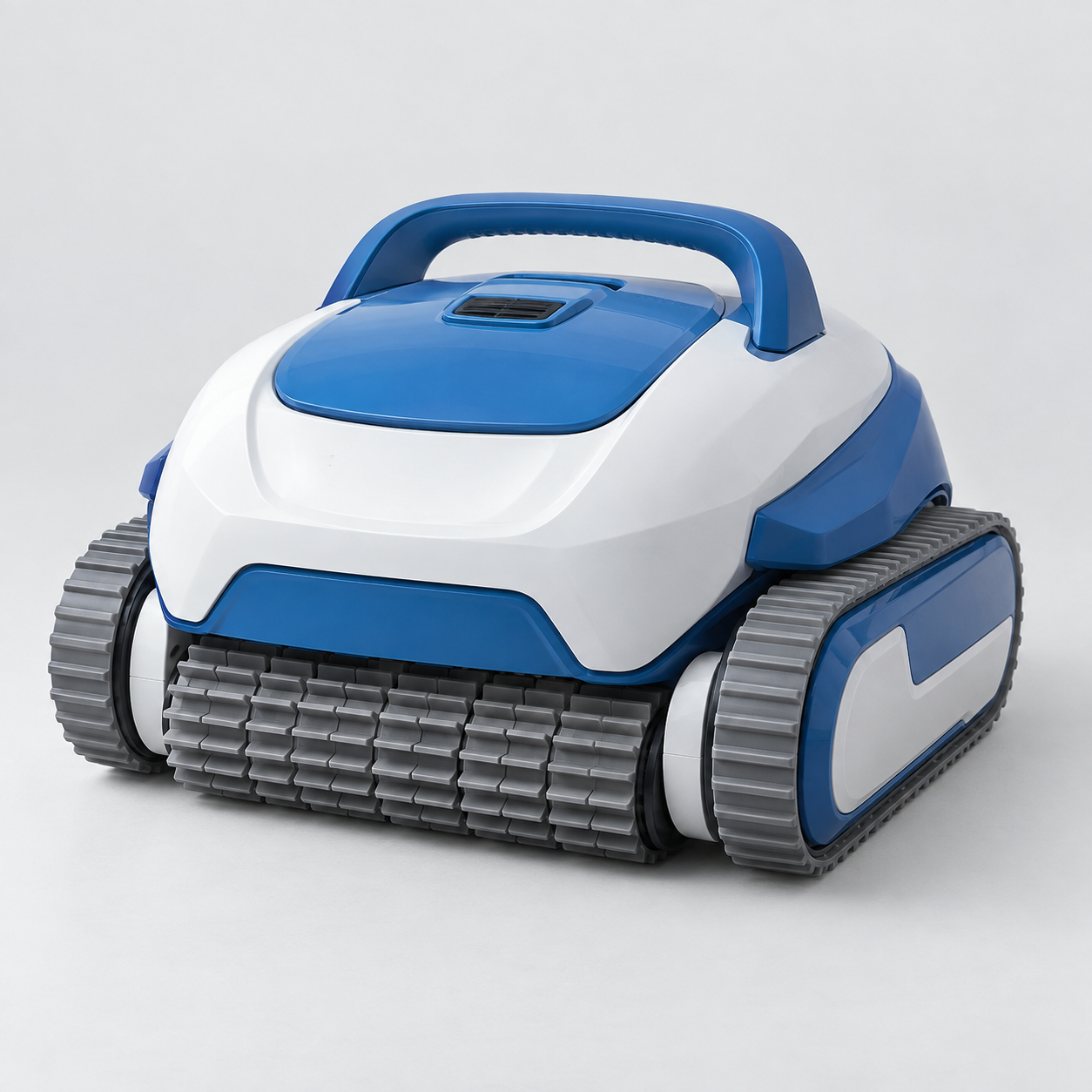 Compact blue and white cordless pool robot with gray tracks
