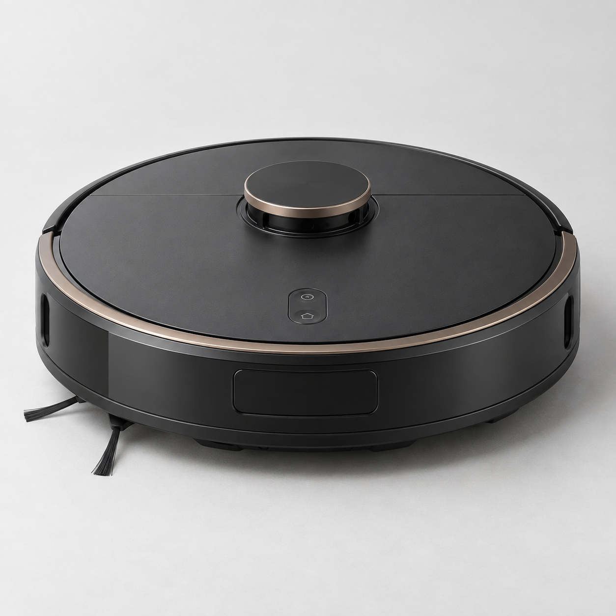 Round black robot vacuum with a raised navigation turret