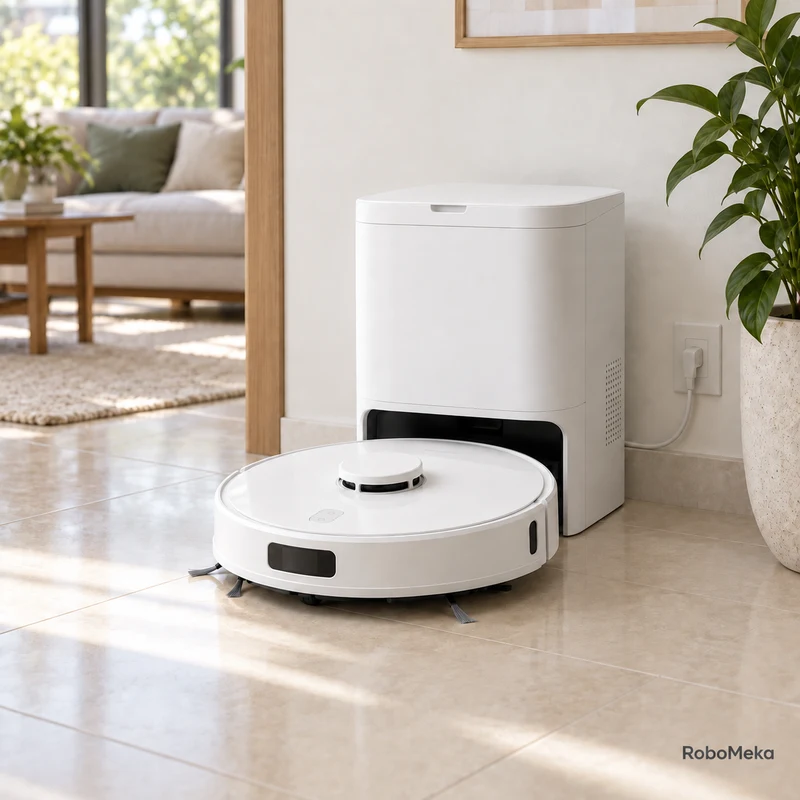Illustrative scene of a white robot vacuum and station in a bright home hallway