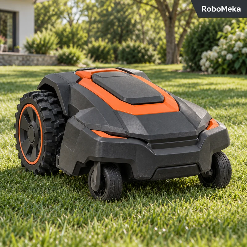Illustrative scene of an orange and charcoal robotic mower on a gently rolling garden lawn