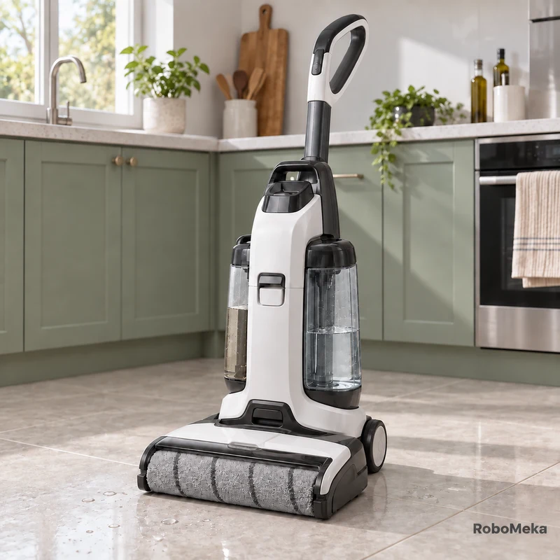 Illustrative scene of a white wet and dry floor cleaner on a sealed kitchen tile floor