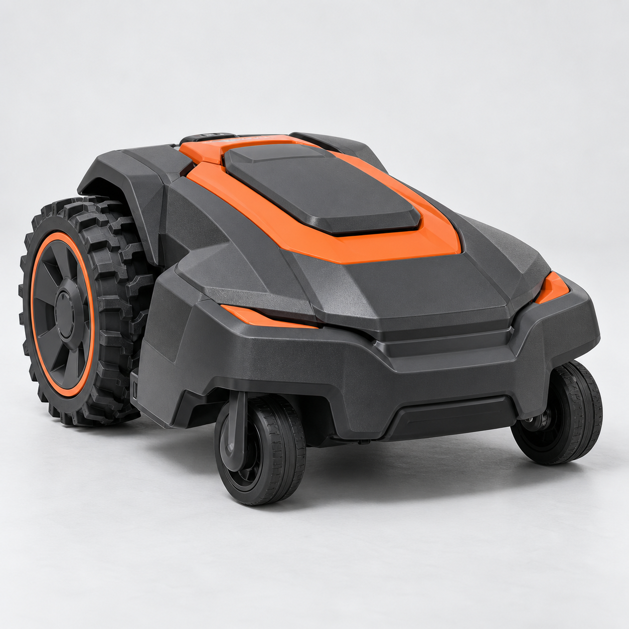 Angular orange and charcoal robotic mower with large treaded wheels